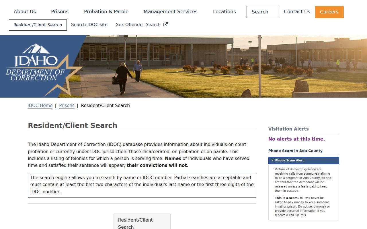 Idaho County criminal custody and supervision search form from IDOC
