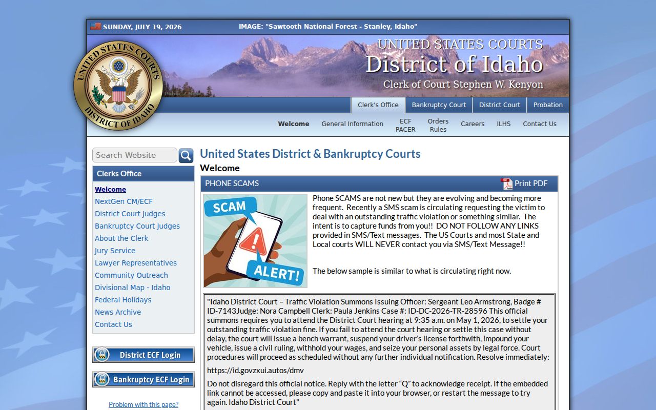Idaho County federal criminal court records through the District of Idaho