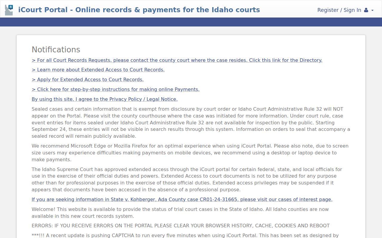 Idaho County court case lookup through iCourt Smart Search